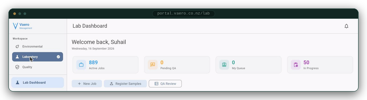 The Vaero laboratory dashboard showing 889 active jobs, an empty QA queue and 50 jobs in progress